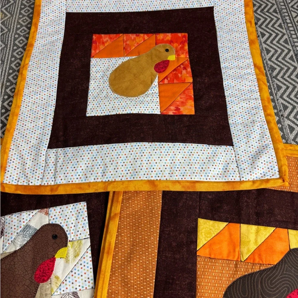 Set of 6 Thanksgiving Turkey Quilted Placemats Cottagecore Country Table Setting